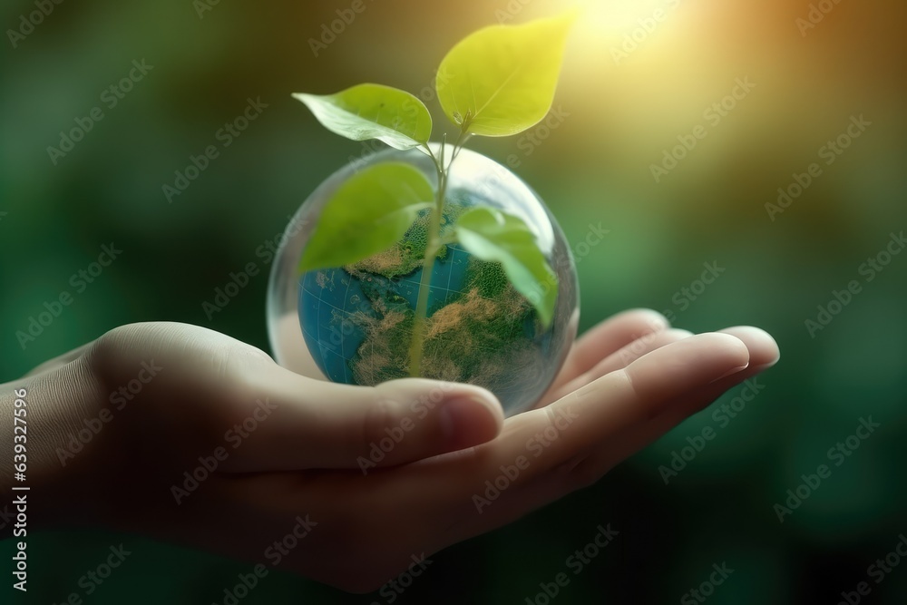 human hand holding young earth and plant in ecology