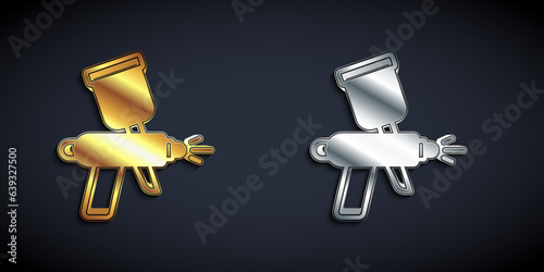 Gold and silver Paint spray gun icon isolated on black background. Long shadow style. Vector