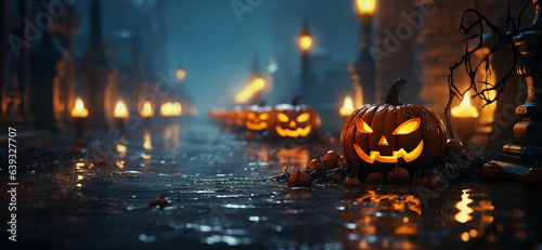 Pumpkins In Graveyard In The Spooky Night - Halloween Backdrop,Halloween PartyBanner, Witch, Haunted House, Pumpkins and Bats.