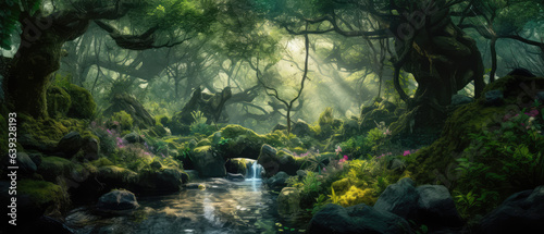 Beautiful fairy tale enchanted forest  magical fantasy scenery with big trees and greenery.