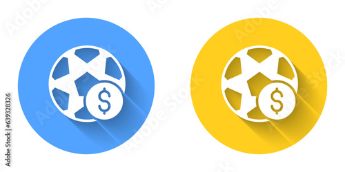 White Soccer football betting money icon isolated with long shadow background. Football bet bookmaker. Soccer betting online make money. Circle button. Vector