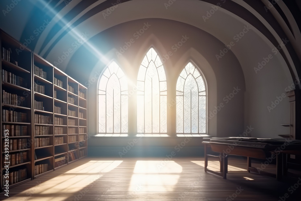 Light coming through arched window in library