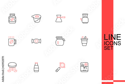 Set line Coffee machine, filter holder, Milk bottle, table, cup to go, pot, Candy and icon. Vector