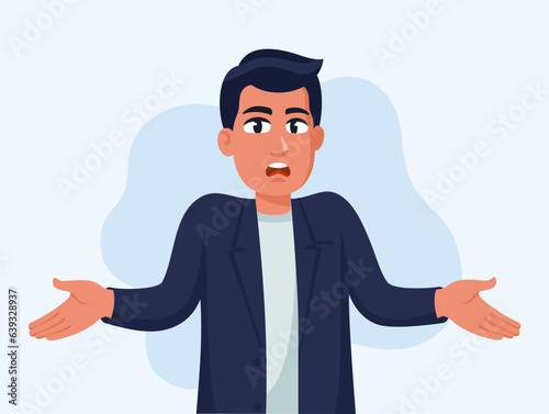 gesture oops, sorry or I don't know. The man shrugged and spread his arms. Vector illustration in cartoon style, cartoon character Confused spread his arms