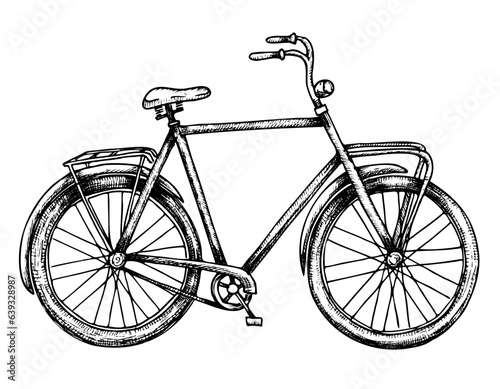 Road Bicycle. Vector hand drawn illustration of urban retro classic Bike on isolated white background painted by black inks in outline style. Drawing of city vintage cute transport with cycle wheels.