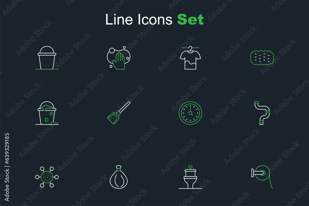 Set line Toilet paper roll, bowl, Garbage bag, Bacteria, Industry metallic pipe, Clock, Dustpan and Bucket with foam and bubbles icon. Vector
