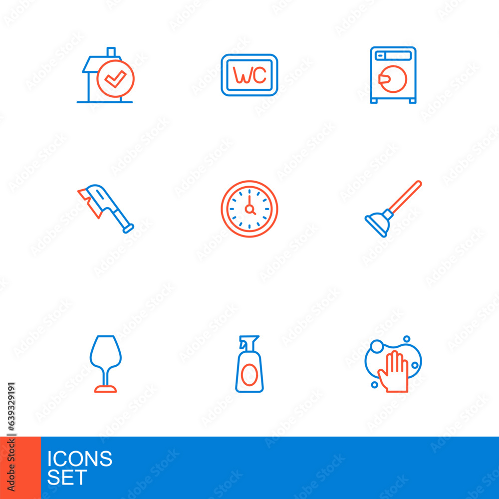 Set line Sponge, Cleaning spray with detergent, Wine glass, Rubber plunger, Brush for cleaning, Clock, Washer and Toilet icon. Vector Set line Sponge, Cleaning spray with detergent, Wine glass, Rubber plunger, Brush for cleaning, Clock, Washer and Toilet icon. Vector