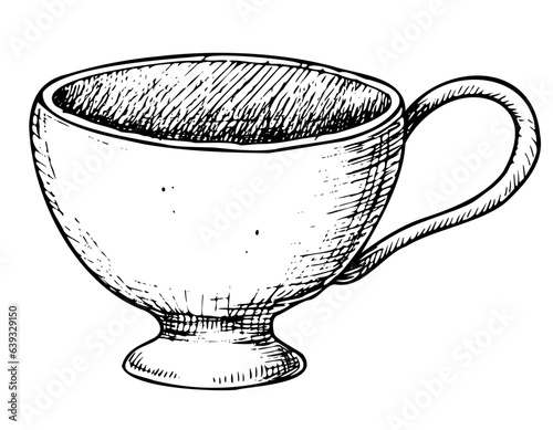 Empty porcelain white Cup for tea or coffee. Hand drawn vector illustration of vintage teacup on white isolated background. Drawing of ceramic Mug for beverage in outline style painted by black inks.