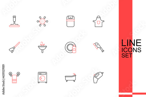 Set line Portable vacuum cleaner, Bathtub, Washer, Towel on hanger, Brush for cleaning, Dishwashing bottle and plate, Washbasin and Handle broom icon. Vector