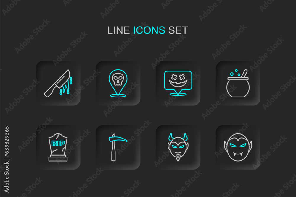 Set line Vampire, Devil head, Scythe, Tombstone with RIP written, Halloween witch cauldron, Happy holiday, Skull and Bloody knife icon. Vector Set line Vampire, Devil head, Scythe, Tombstone with RIP written, Halloween witch cauldron, Happy holiday, Skull and Bloody knife icon. Vector