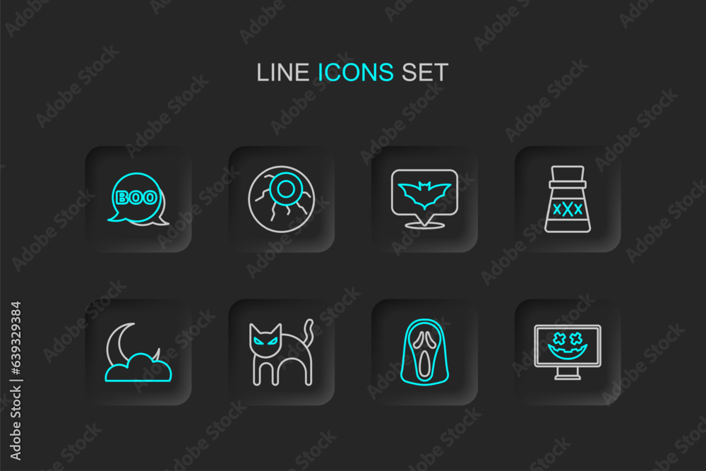 Set line Happy Halloween holiday, Funny and scary ghost mask, Black cat, Moon stars, Bottle with potion, Flying bat, Eye and Boo speech bubble icon. Vector Set line Happy Halloween holiday, Funny and scary ghost mask, Black cat, Moon stars, Bottle with potion, Flying bat, Eye and Boo speech bubble icon. Vector