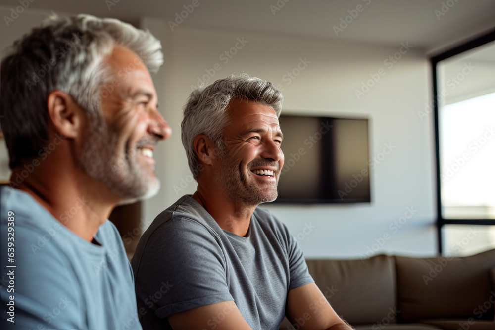 Smiling homosexual couple sitting and looking at computer screen, tv, communicate with friends in living room at home