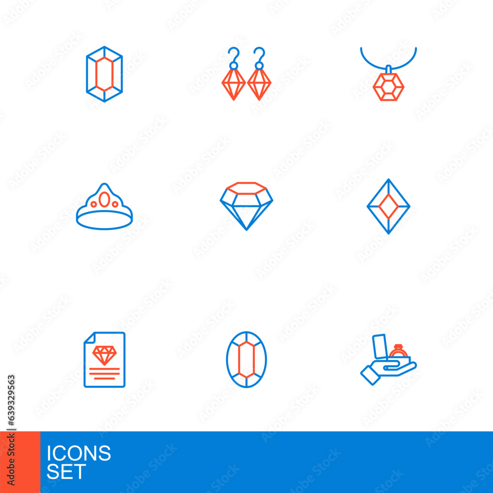 Set line Diamond engagement ring in box, Gem stone, Certificate of the diamond, King crown, Pendant necklace and Earrings icon. Vector Set line Diamond engagement ring in box, Gem stone, Certificate of the diamond, King crown, Pendant necklace and Earrings icon. Vector