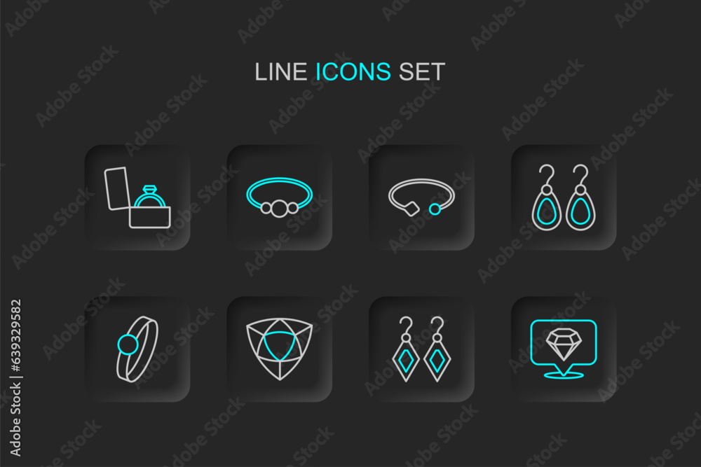 Set line Diamond, Earrings, engagement, Bracelet jewelry, and box icon. Vector Set line Diamond, Earrings, engagement, Bracelet jewelry, and box icon. Vector