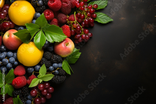 Background surrounded by fruits, Free space for your text. AI generative © SANGHYUN