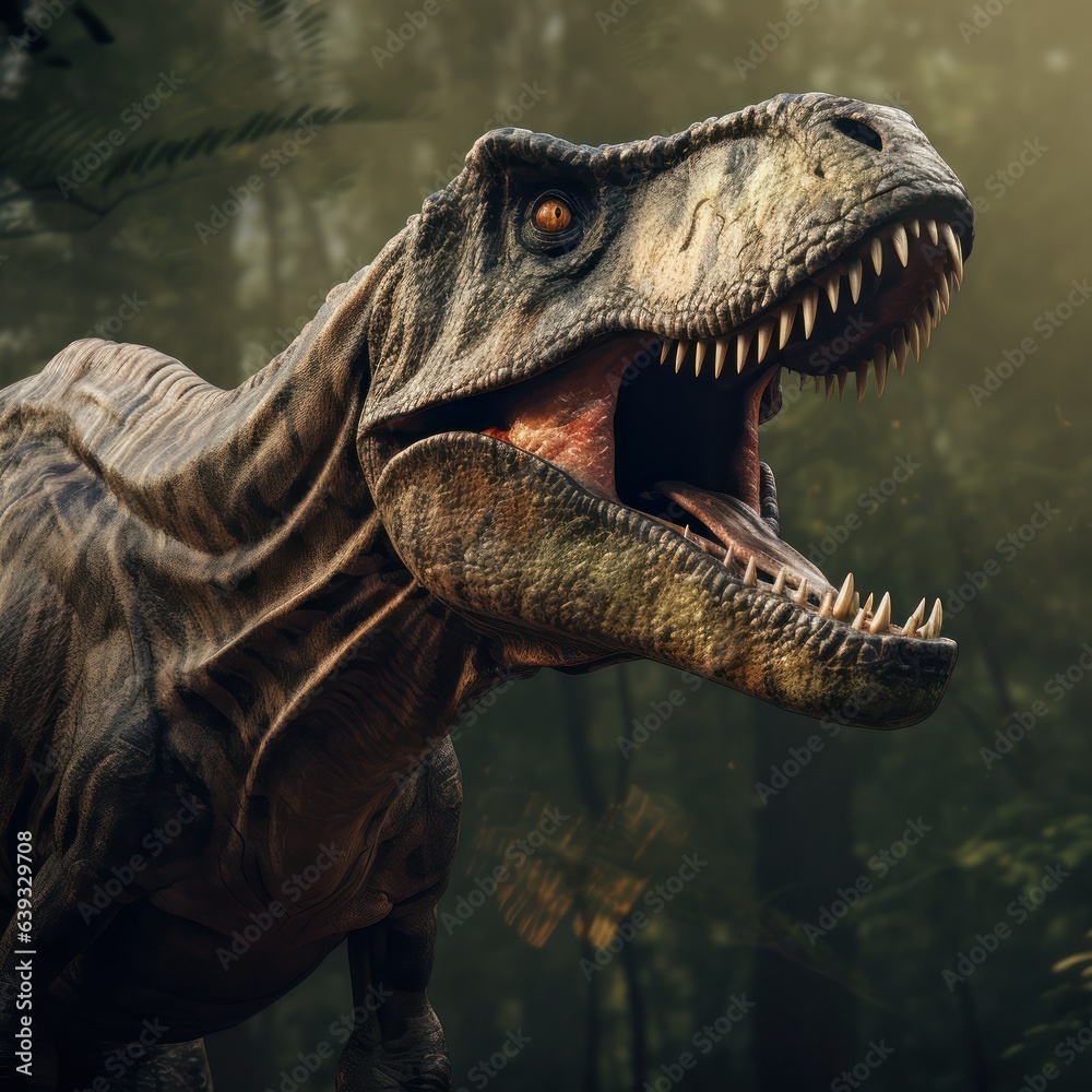 Tyrannosaurus Rex roaring in forest, T-rex Jurassic prehistoric animal ...