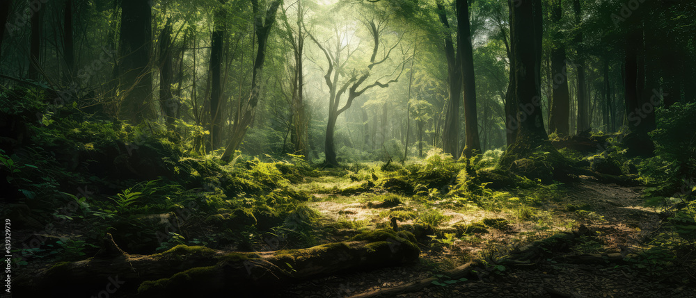 Obraz premium Beautiful fairy tale enchanted forest, magical fantasy scenery with big trees and greenery.