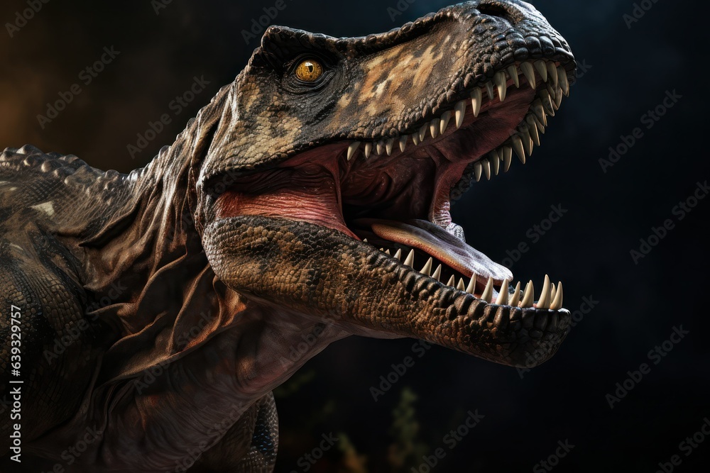 Obraz premium Closeup of roaring Tyrannosaurus Rex head, T-rex Jurassic prehistoric animal