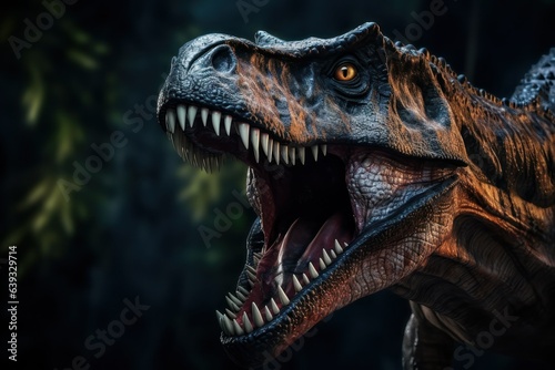 Closeup of roaring Tyrannosaurus Rex head, T-rex Jurassic prehistoric animal © Mohammad
