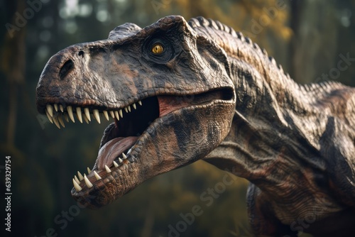 Closeup of roaring Tyrannosaurus Rex head, T-rex Jurassic prehistoric animal © Mohammad