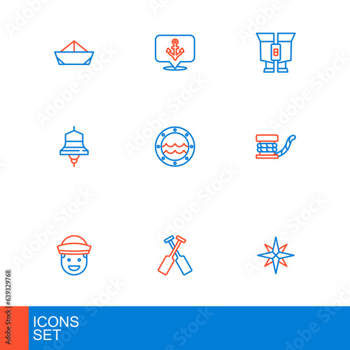 Set line Wind rose, Crossed oars or paddles boat, Sailor, Marine bollard with rope, Ship bell, porthole, Binoculars and Anchor icon. Vector