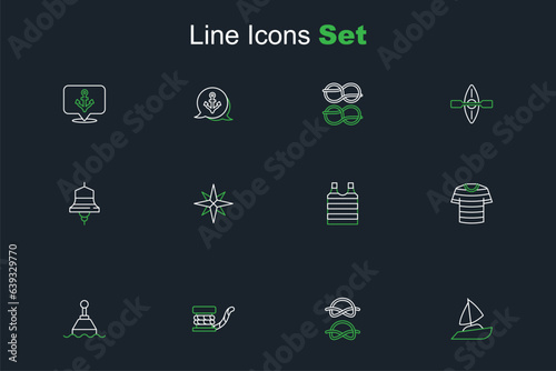 Set line Yacht sailboat, Nautical rope knots, Marine bollard with, Floating buoy, Striped sailor t-shirt, Wind rose and Ship bell icon. Vector