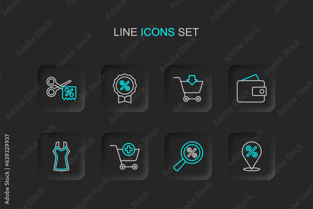 Set line Location with percent, Magnifying glass, Add to Shopping cart, Woman dress, Wallet, Discount tag and Scissors cuts discount coupon icon. Vector Set line Location with percent, Magnifying glass, Add to Shopping cart, Woman dress, Wallet, Discount tag and Scissors cuts discount coupon icon. Vector