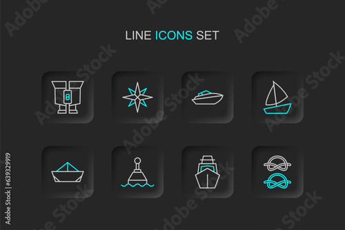 Set line Nautical rope knots, Yacht sailboat, Floating buoy, Folded paper, Speedboat, Wind rose and Binoculars icon. Vector