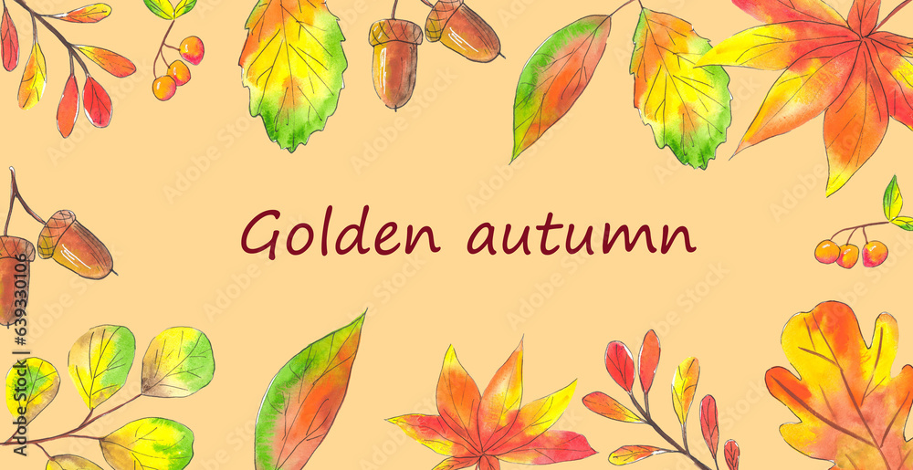 Obraz premium golden autumn. watercolor background. watercolor leaves banner. red leaves. end of summer. invitation. 