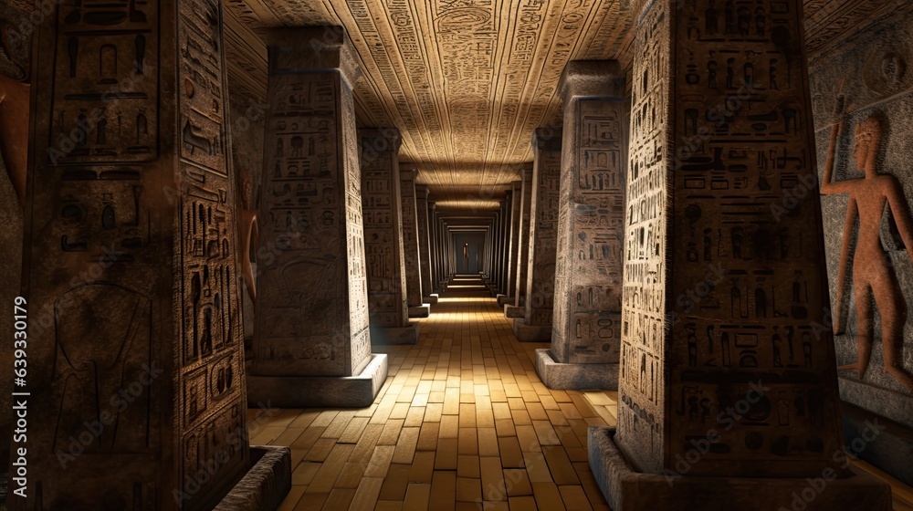 Interior of a pyramid with hieroglyphs. Generative AI