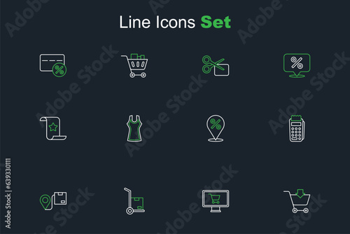 Set line Add to Shopping cart, on monitor, Hand truck and boxes, Location with cardboard, POS terminal, percent, Woman dress and Paper check financial check icon. Vector © Iryna