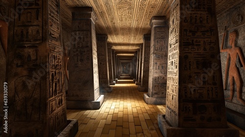 Interior of a pyramid with hieroglyphs. Generative AI