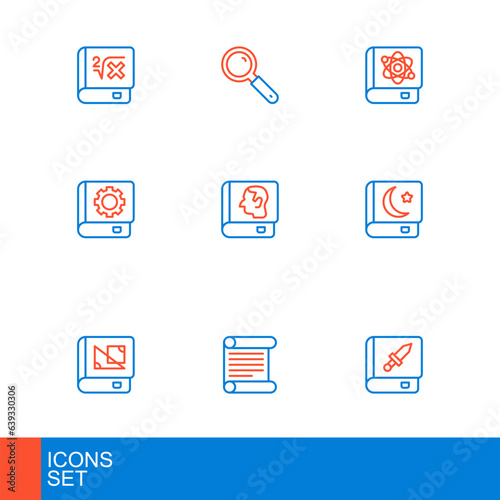 Set line Book about weapon, Decree, parchment, scroll, geometry, Holy book of Koran, User manual, Law, physics and Magnifying glass icon. Vector