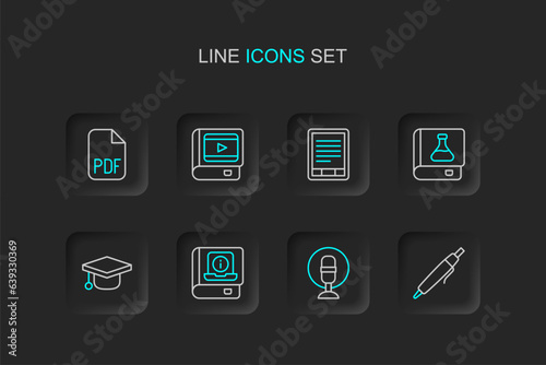 Set line Pen, Microphone, User manual, Graduation cap, Chemistry book, E-Book reader, about cinema and PDF file document icon. Vector