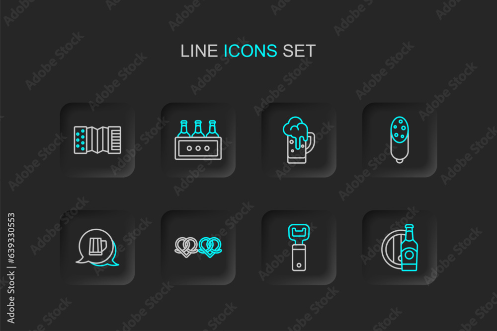 Set line Beer bottle and wooden barrel, Bottle opener, Pretzel, Wooden beer mug, Salami sausage, Glass of, Pack bottles and Accordion icon. Vector Set line Beer bottle and wooden barrel, Bottle opener, Pretzel, Wooden beer mug, Salami sausage, Glass of, Pack bottles and Accordion icon. Vector