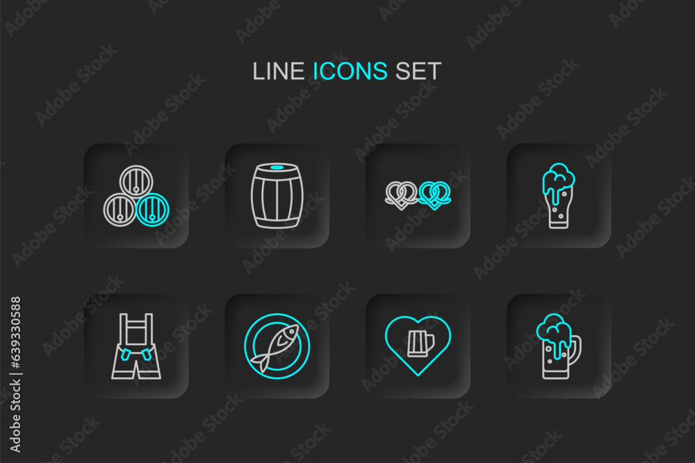 Set line Glass of beer, Heart with glass, Dried fish, Lederhosen, Pretzel, Wooden barrel and icon. Vector Set line Glass of beer, Heart with glass, Dried fish, Lederhosen, Pretzel, Wooden barrel and icon. Vector