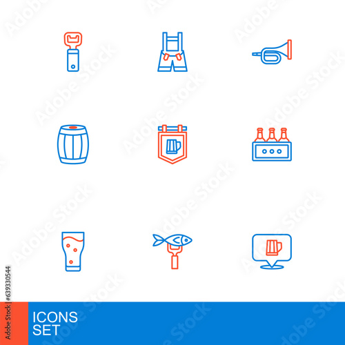 Set line Wooden beer mug, Dried fish, Glass of, Pack bottles, barrel, Street signboard with, Trumpet and Lederhosen icon. Vector