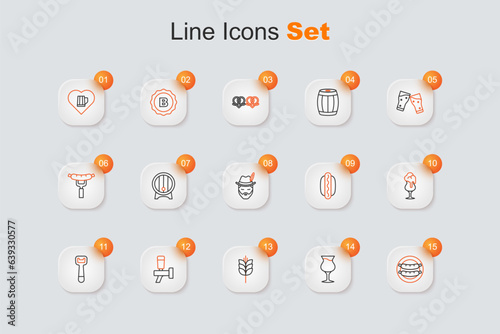 Set line Sausage, Glass of beer, Wheat, Beer tap, Bottle opener, Hotdog sandwich and Oktoberfest man icon. Vector