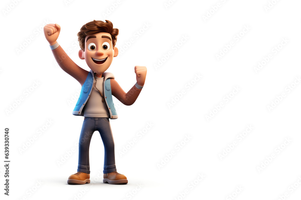 Happy man male person successful fists hands up 3d style cartoon character. Winner young adult victory celebration Happy man male person successful fists hands up 3d style cartoon character. Winner young adult victory celebration