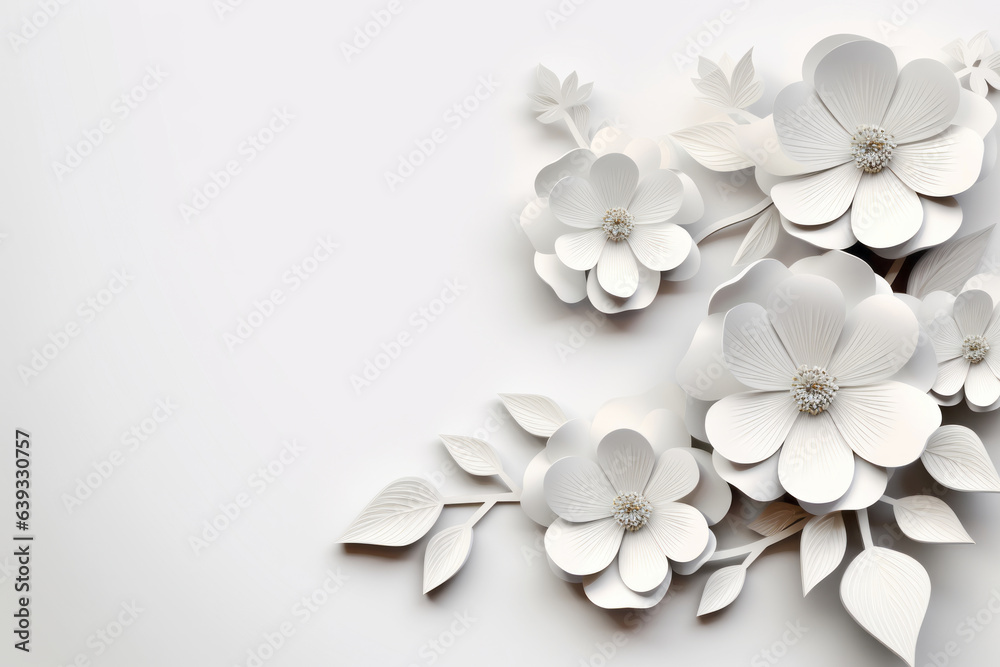 Paper cut origami of white flowers with empty copy space wedding background. Abstract 3d art craft decoration Paper cut origami of white flowers with empty copy space wedding background. Abstract 3d art craft decoration