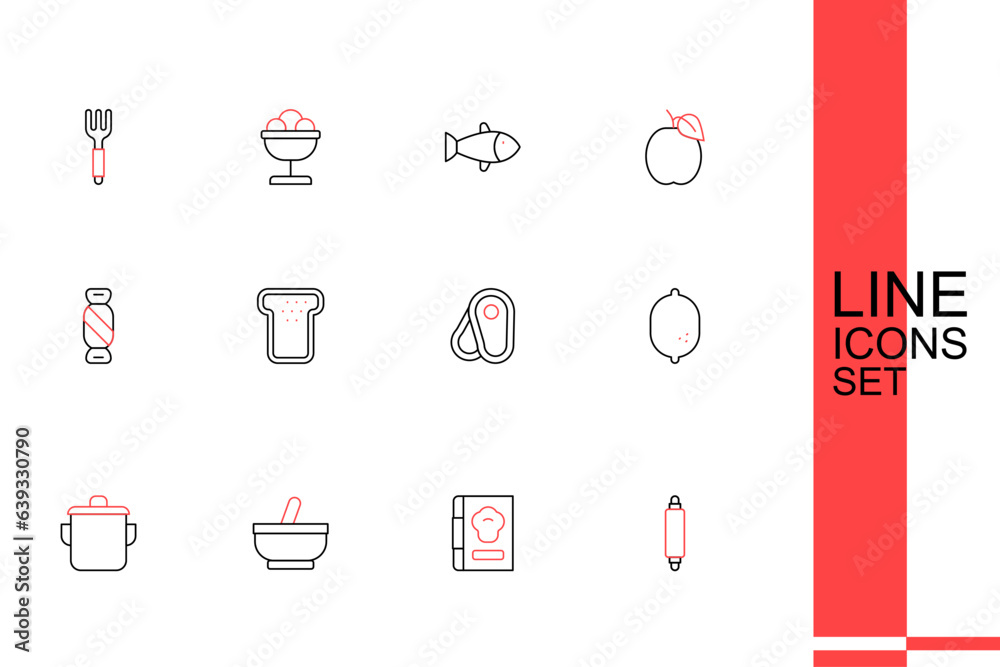 Set line Rolling pin, Cookbook, Mortar and pestle, Cooking pot, Lemon, Steak meat, Bread toast and Candy icon. Vector