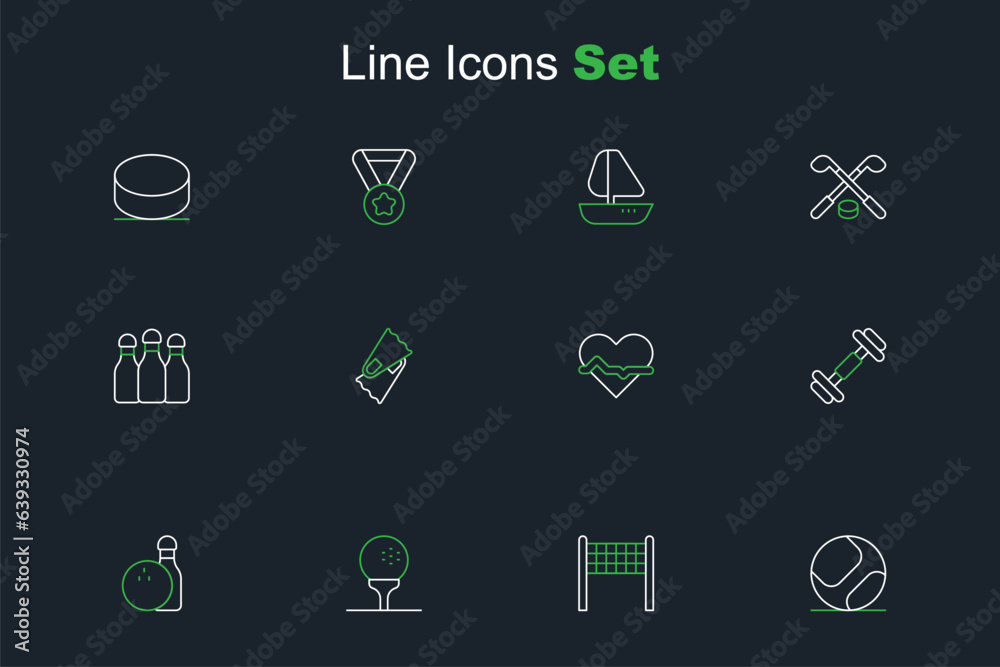 Set line Baseball ball, Volleyball net, Golf on tee, Bowling pin and, Dumbbell, Heart rate, Flippers for swimming and icon. Vector Set line Baseball ball, Volleyball net, Golf on tee, Bowling pin and, Dumbbell, Heart rate, Flippers for swimming and icon. Vector