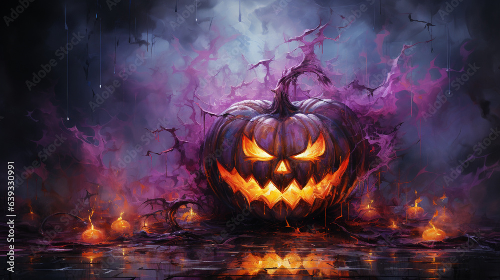 Fototapeta premium Scary Halloween Atmosphere: Purple Pumpkin in Angry and Mysterious Background. generative AI,