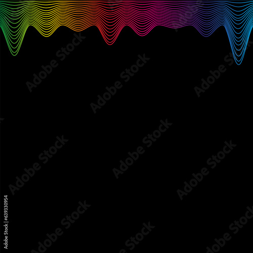 Rainbow waves line border  template banner latest technology sound vibrations on black. Vector illustration.