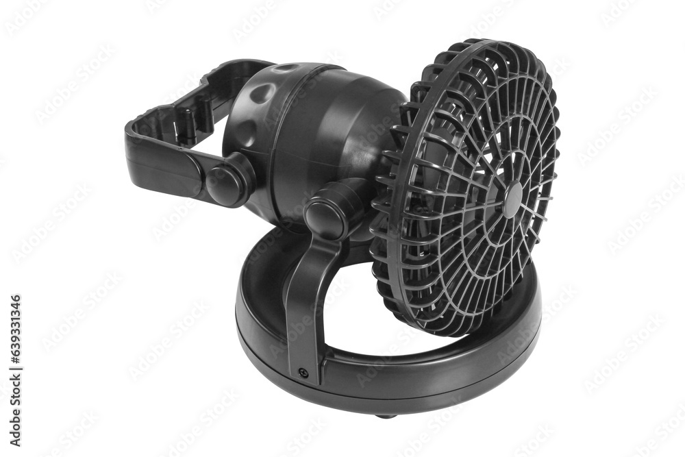 A fan on a white background is a device that is suspended from a ceiling for circulating air via the rotation of fan blades. A fan on a white background is a device that is suspended from a ceiling for circulating air via the rotation of fan blades.