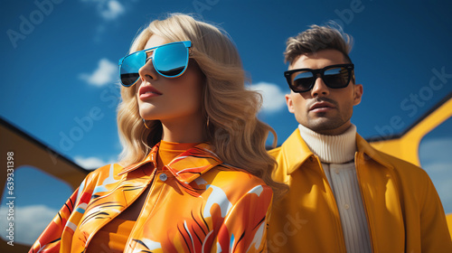 Fashionable couple in the sun glasses and yellow clothes