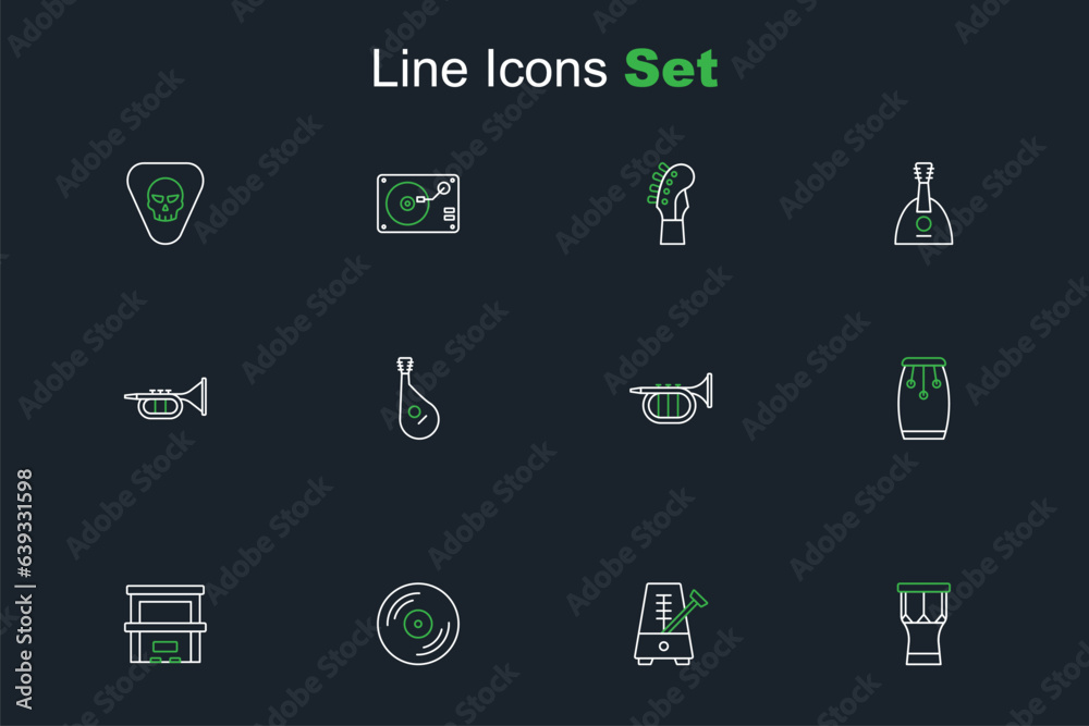 Set line African percussion drum, Metronome with pendulum, Vinyl disk, Piano, Conga drums, Trumpet, Bandura and icon. Vector Set line African percussion drum, Metronome with pendulum, Vinyl disk, Piano, Conga drums, Trumpet, Bandura and icon. Vector