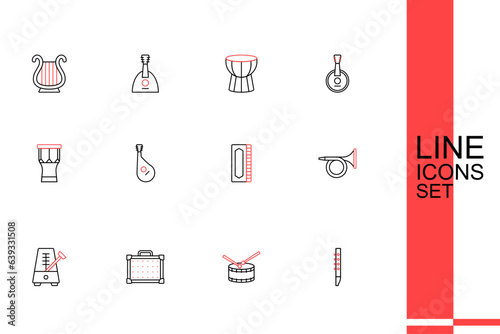 Set line Flute, Drum with drum sticks, Guitar amplifier, Metronome pendulum, Trumpet, Harmonica, Bandura and African percussion icon. Vector
