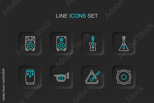 Set line Stereo speaker, Triangle musical instrument, Trumpet, Conga drums, Balalaika, Electric bass guitar, and icon. Vector