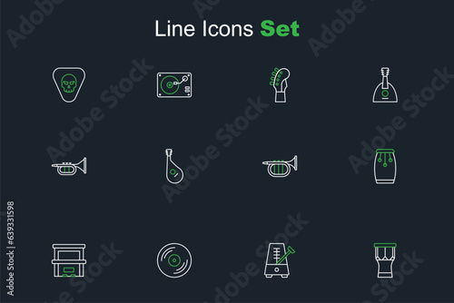 Set line African percussion drum, Metronome with pendulum, Vinyl disk, Piano, Conga drums, Trumpet, Bandura and icon. Vector